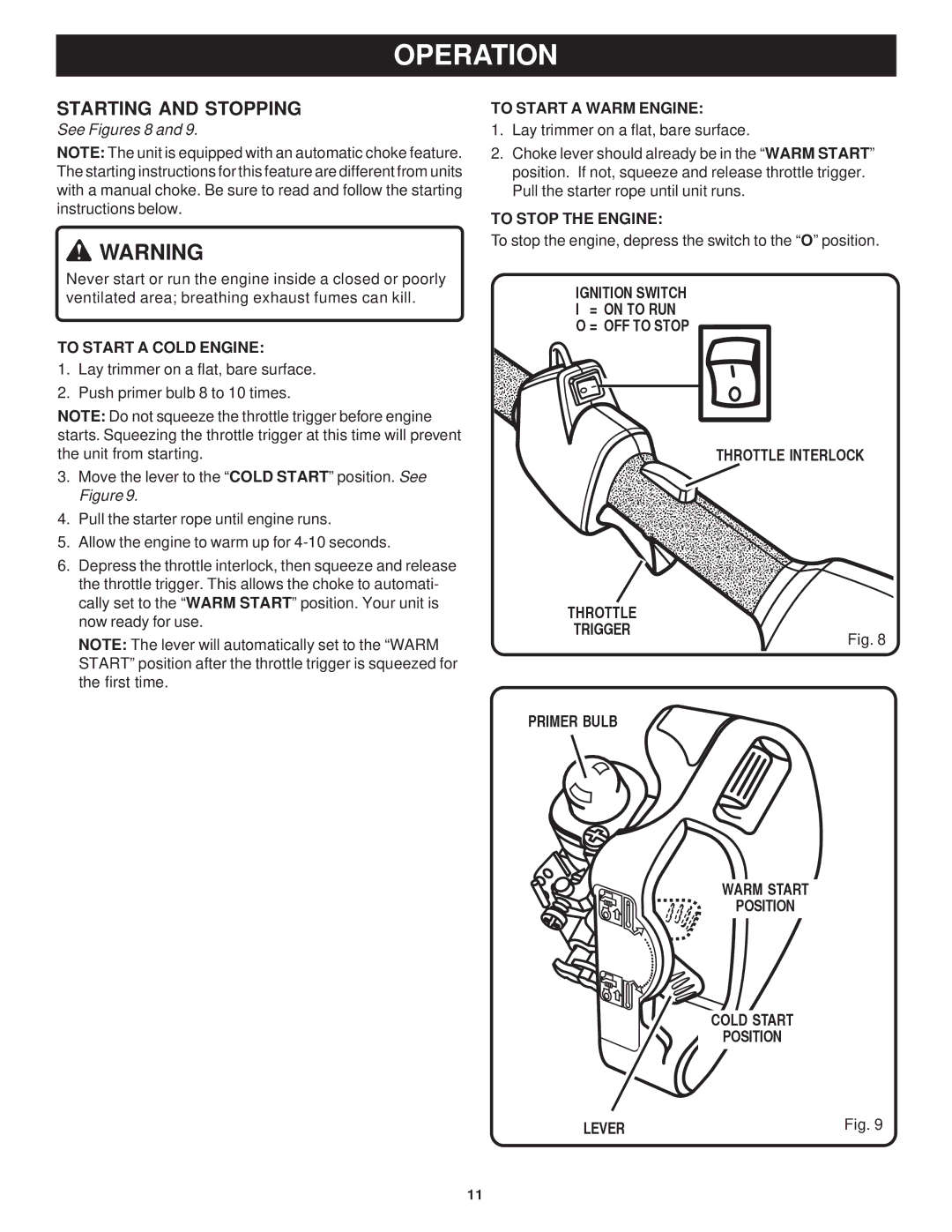 Ryobi Outdoor PLT3043E, RY70103 manual Starting and Stopping 