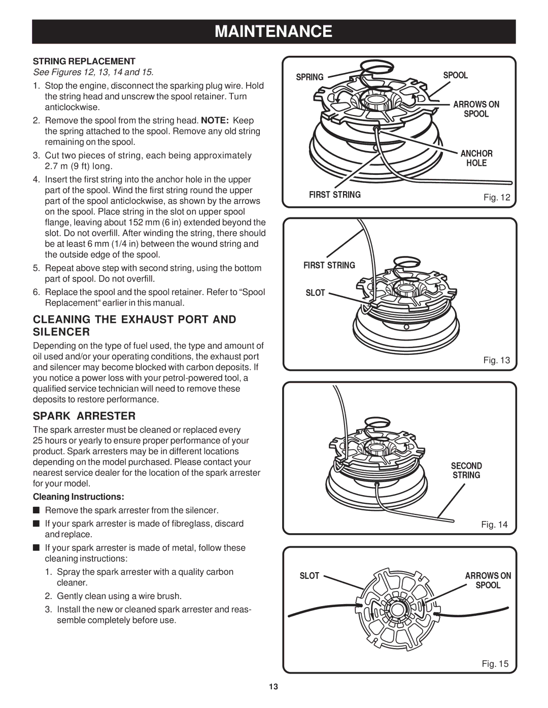 Ryobi Outdoor PLT3043E, RY70103 manual Cleaning the Exhaust Port and Silencer, Spark Arrester, String Replacement 