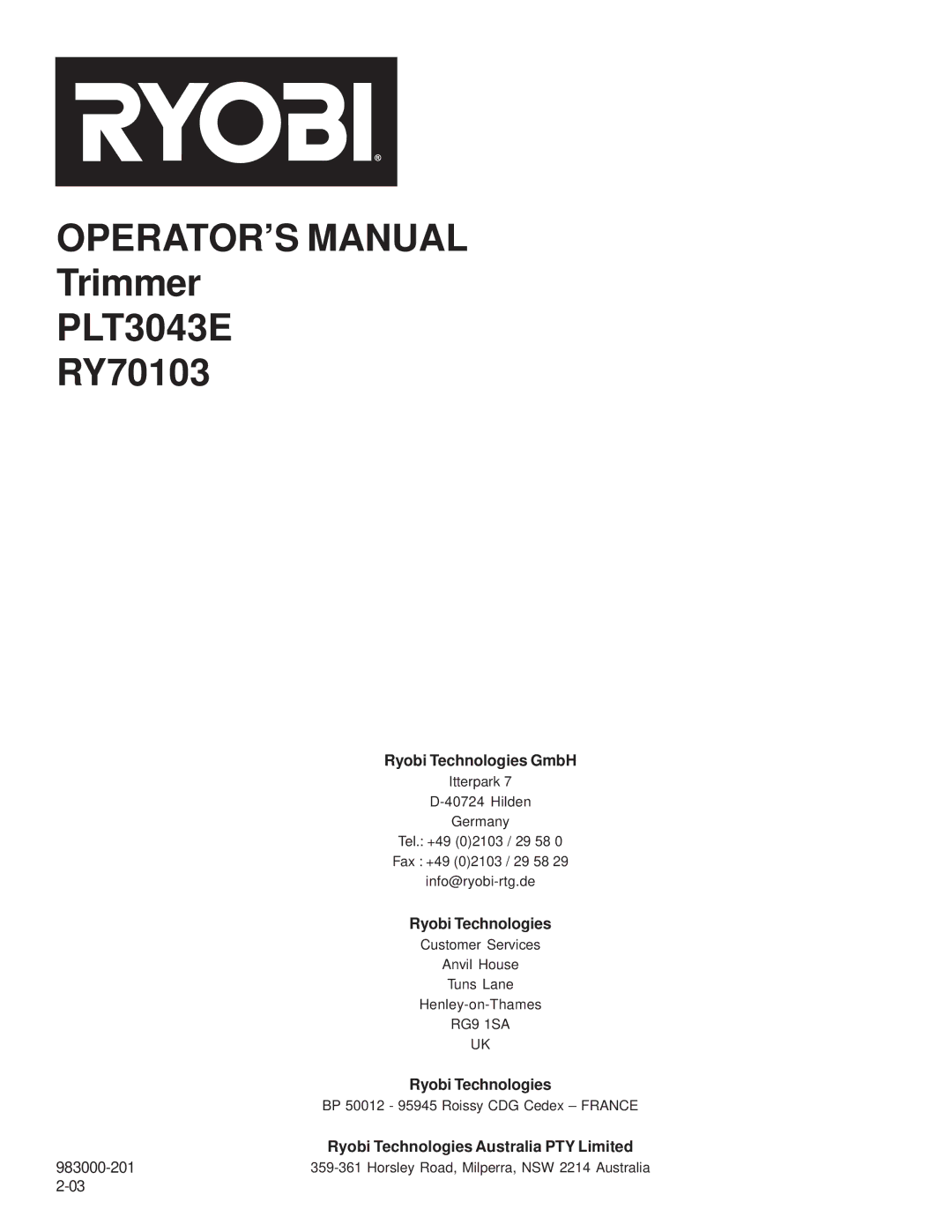 Ryobi Outdoor PLT3043E, RY70103 manual Ryobi Technologies GmbH 