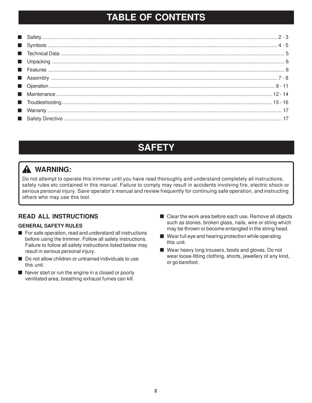 Ryobi Outdoor PLT3043E, RY70103 manual Table of Contents, Safety 