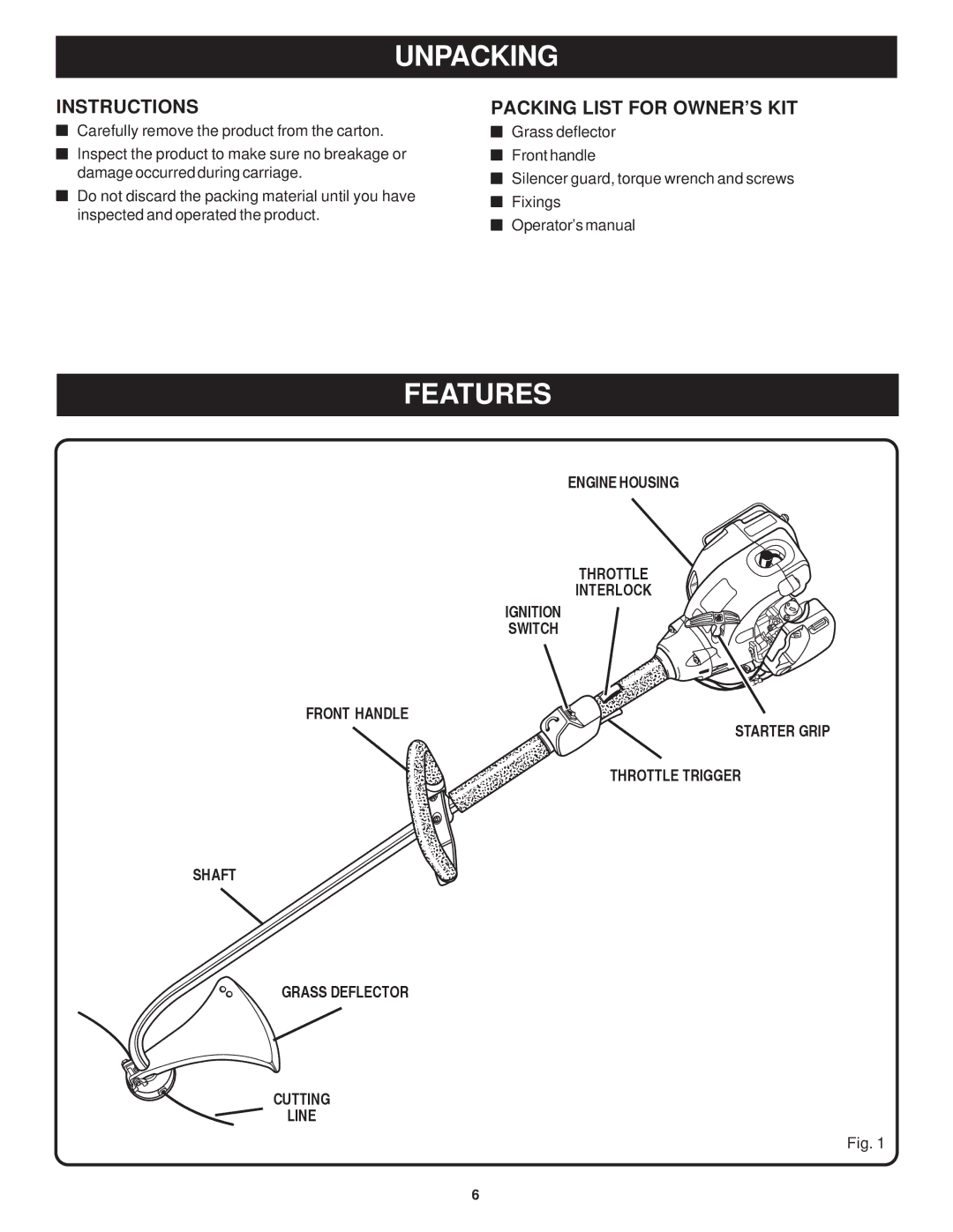 Ryobi Outdoor PLT3043E, RY70103 manual Unpacking, Features, Instructions, Packing List for OWNER’S KIT 