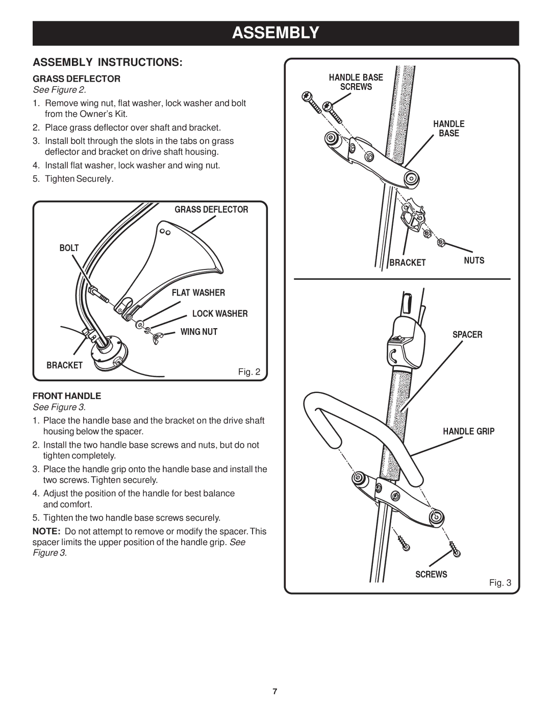 Ryobi Outdoor PLT3043E, RY70103 Assembly Instructions, See Figure, Handle Base Screws Bracket Nuts Spacer Handle Grip 