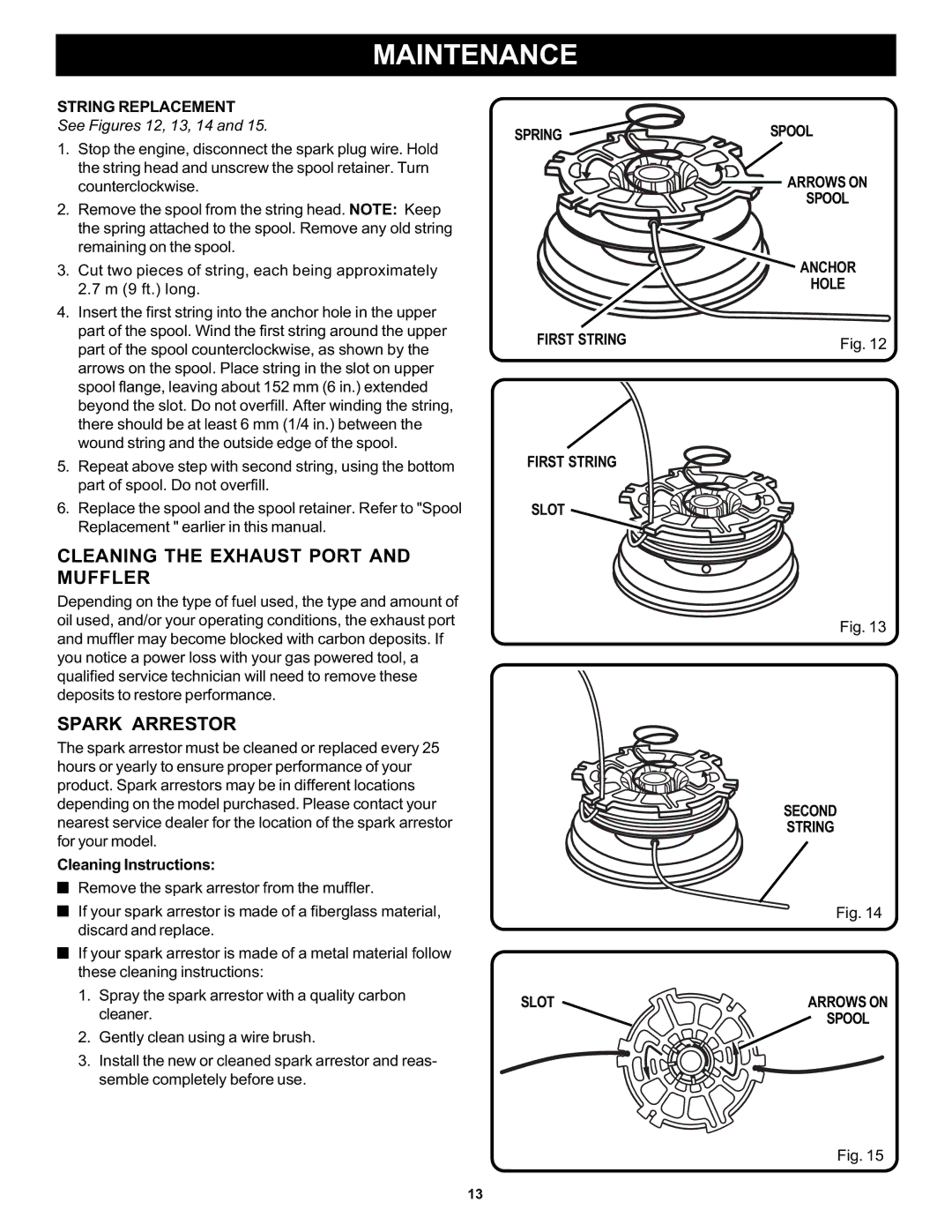 Ryobi Outdoor PLT3043E, RY70103A Cleaning the Exhaust Port and Muffler, Spark Arrestor, String Replacement, Spring Spool 