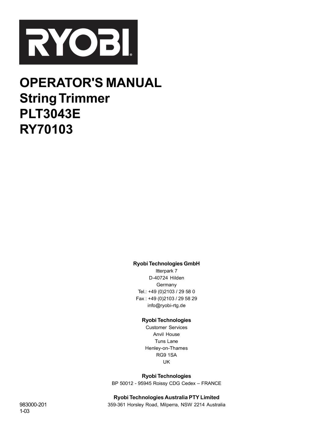 Ryobi Outdoor PLT3043E, RY70103A manual Ryobi Technologies GmbH 