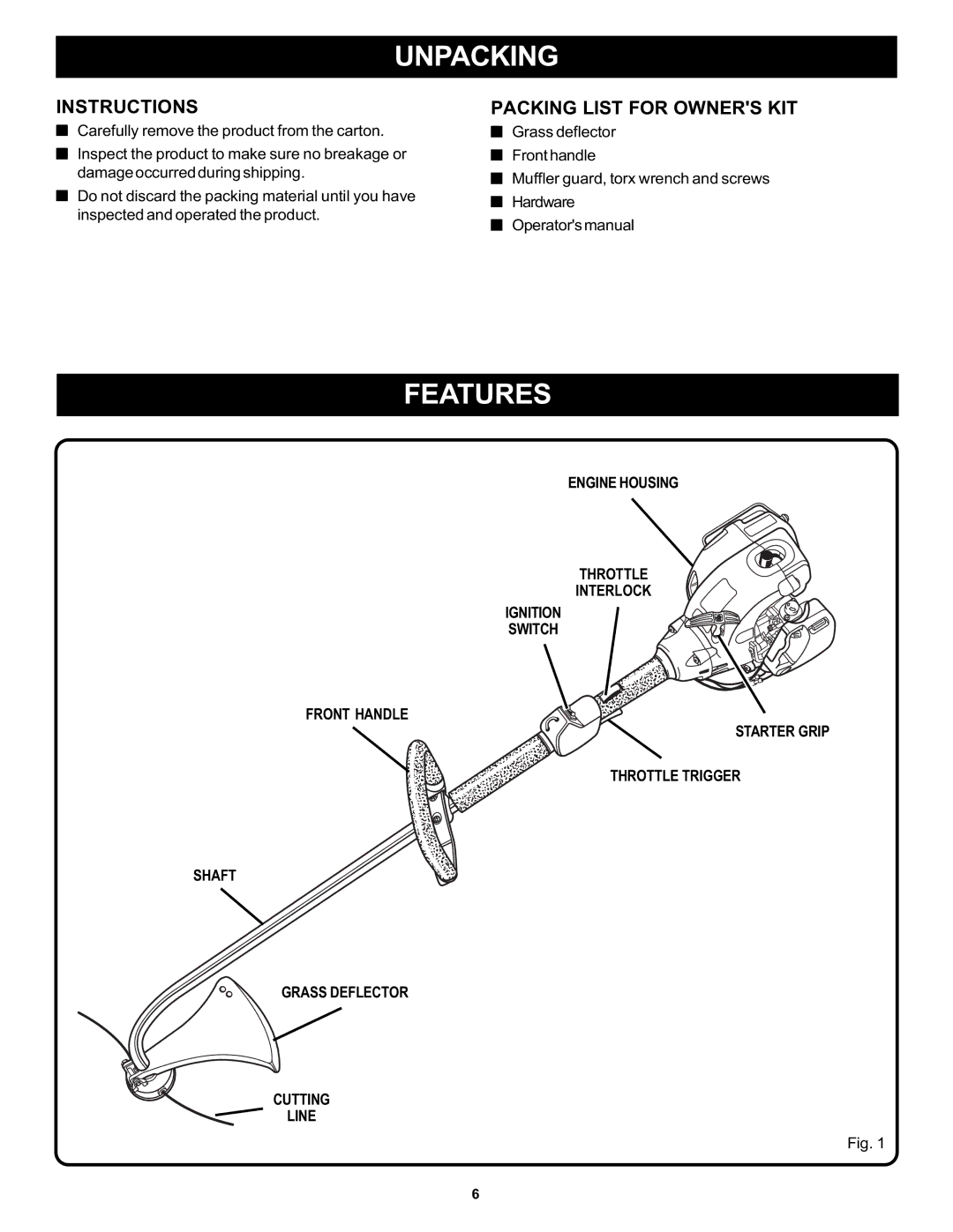 Ryobi Outdoor PLT3043E, RY70103A manual Unpacking, Features, Instructions, Packing List for Owners KIT 