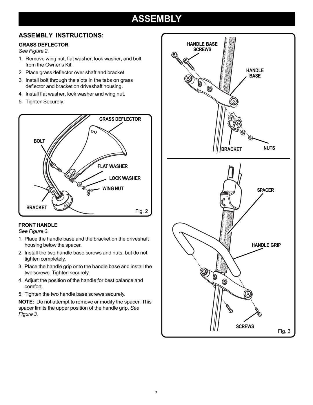 Ryobi Outdoor PLT3043E, RY70103A manual Assembly Instructions, Handle Base Screws Bracketnuts Spacer Handle Grip 