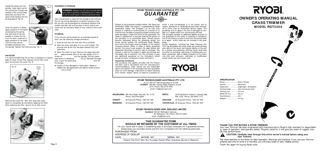 Ryobi Outdoor RGT2500 owner manual Specification 