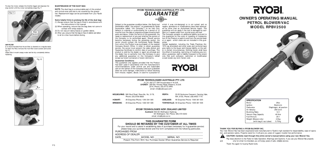 Ryobi Outdoor RPBV2500 owner manual Maintenance of the Dust BAG, Melbourne, Perth, Hobart, Adelaide, Brisbane 