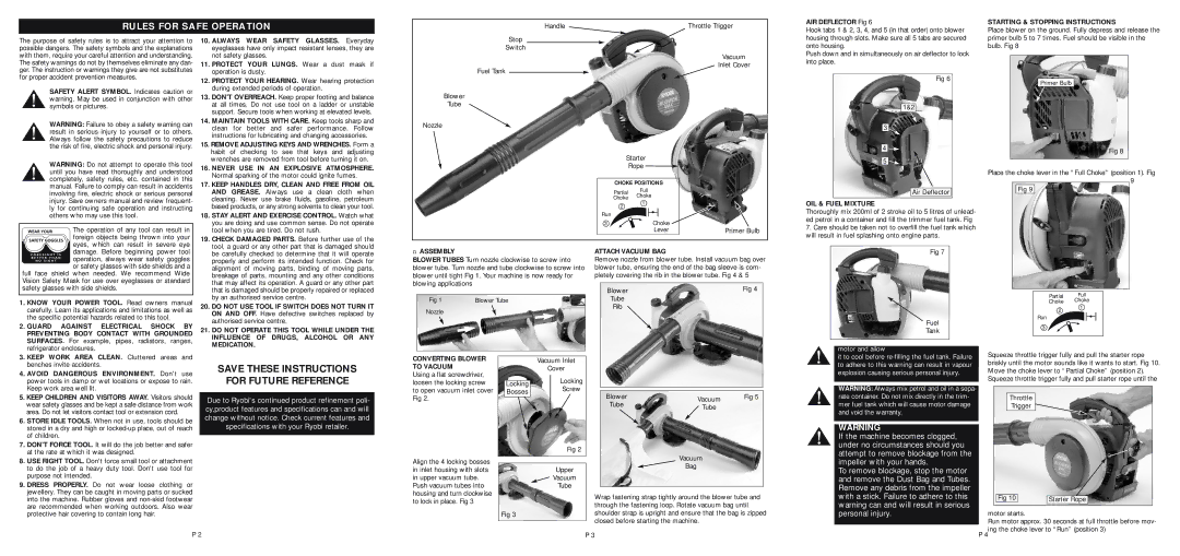 Ryobi Outdoor RPBV2500 Starting & Stopping Instructions, Never USE in AN Explosive Atmosphere, OIL & Fuel Mixture 