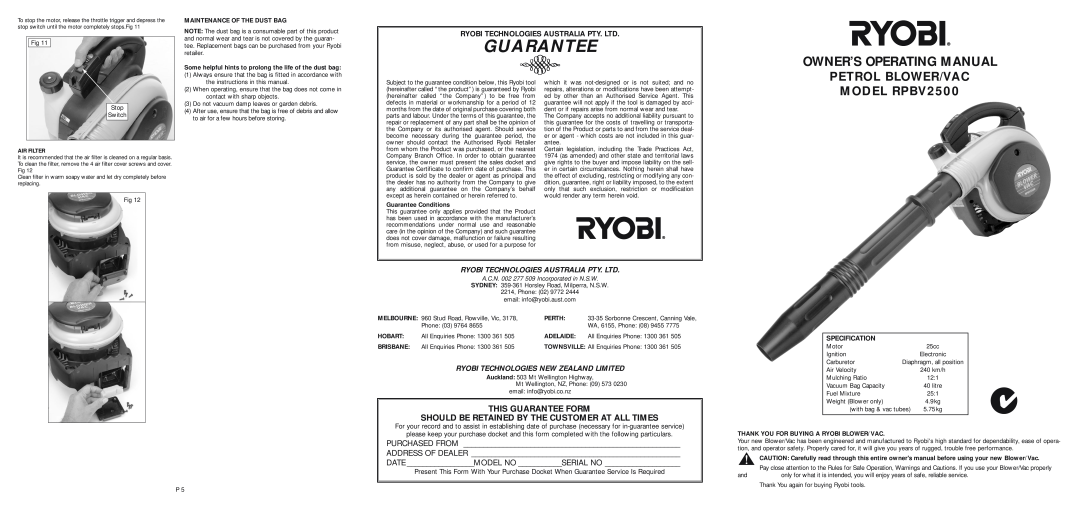 Ryobi Outdoor owner manual Owner’S Operating Manual, PETROL BLOWER/VAC MODEL RPBV2500, This Guarantee Form 