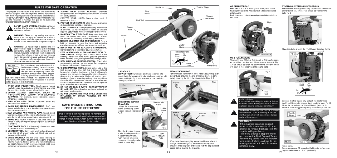 Ryobi Outdoor RPBV2500 owner manual Save These Instructions For Future Reference, Rules For Safe Operation 