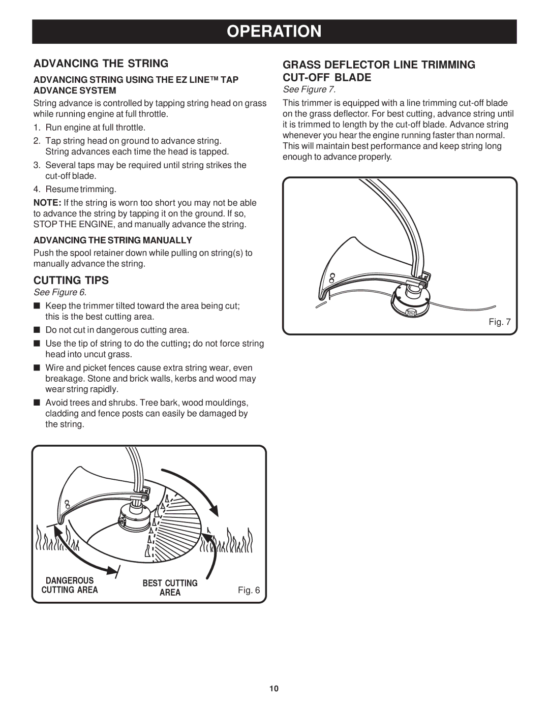 Ryobi Outdoor RPT2543C, RY7011 manual Advancing the String, Cutting Tips, Grass Deflector Line Trimming CUT-OFF Blade 