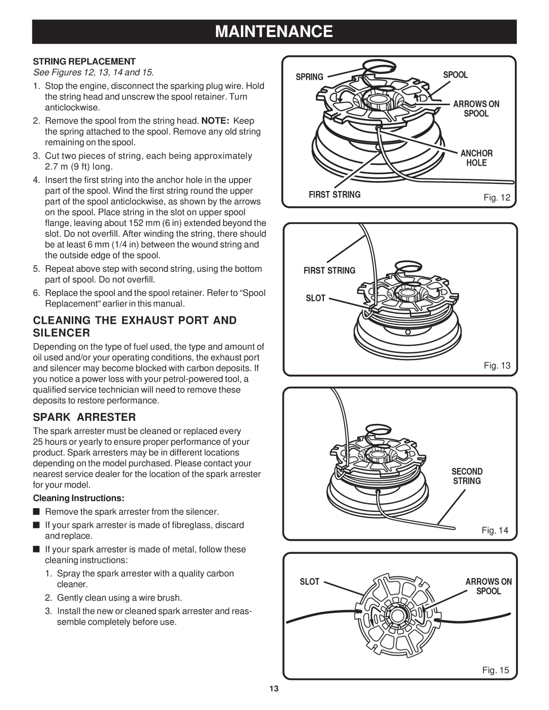 Ryobi Outdoor RPT2543C, RY7011 manual Cleaning the Exhaust Port and Silencer, Spark Arrester, String Replacement 