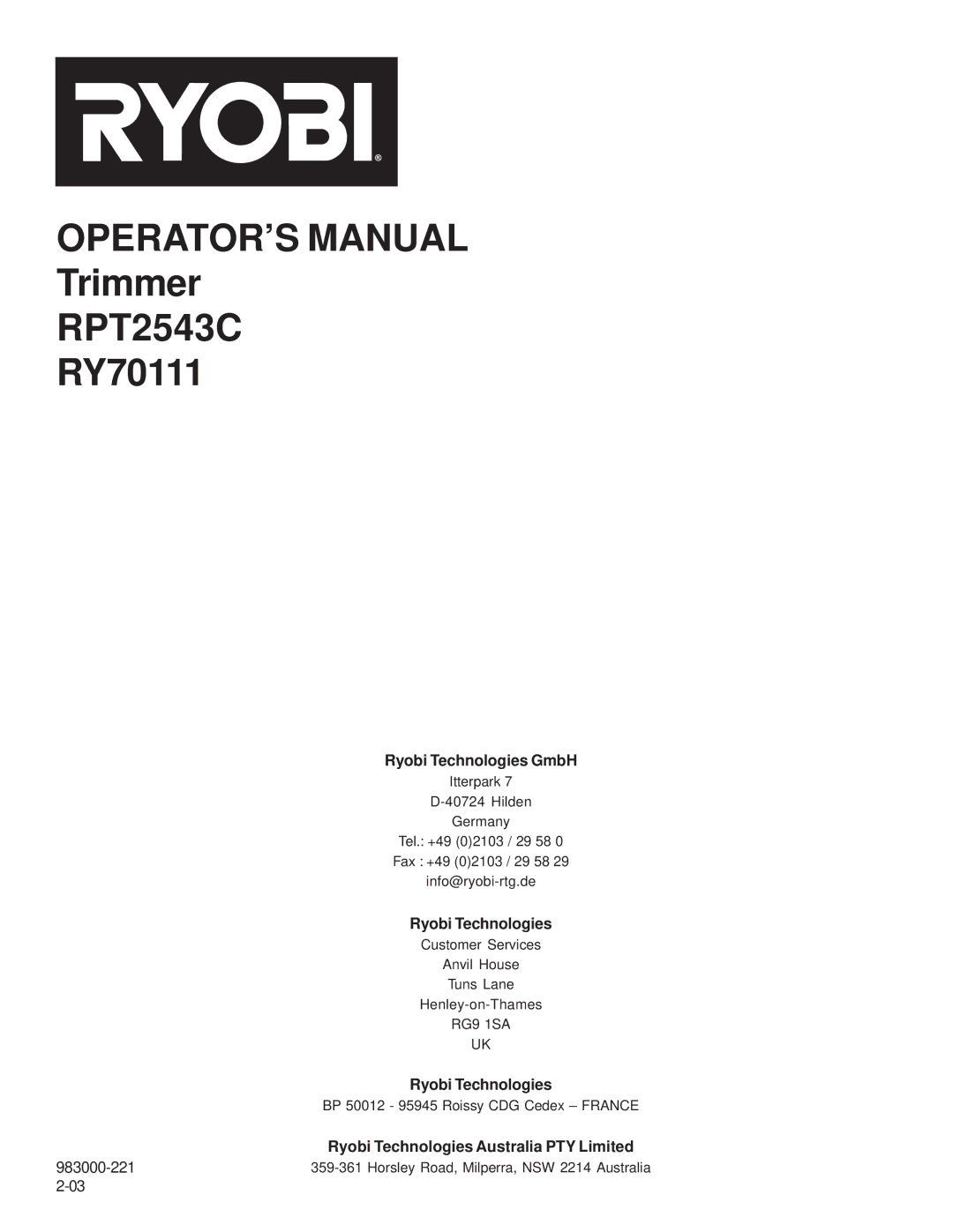 Ryobi Outdoor RPT2543C, RY7011 manual Ryobi Technologies GmbH 