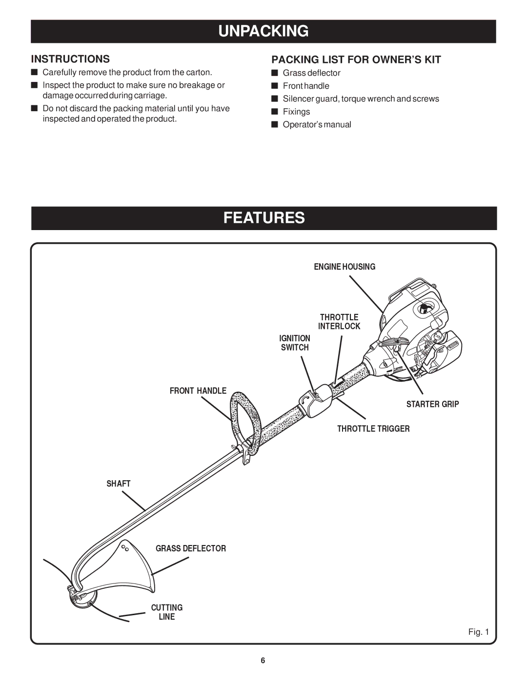 Ryobi Outdoor RPT2543C, RY7011 manual Unpacking, Features, Instructions, Packing List for OWNER’S KIT 