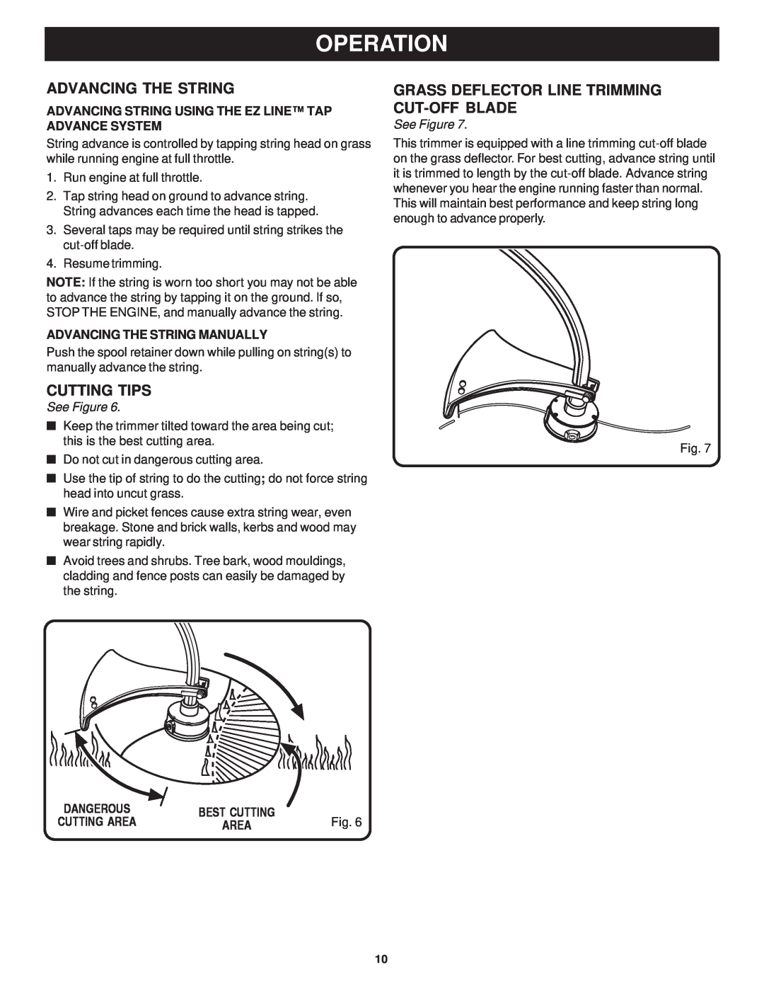 Ryobi Outdoor RPT2543C, RY7011 manual Advancing The String, Cutting Tips, Grass Deflector Line Trimming Cut-Offblade, Fig 
