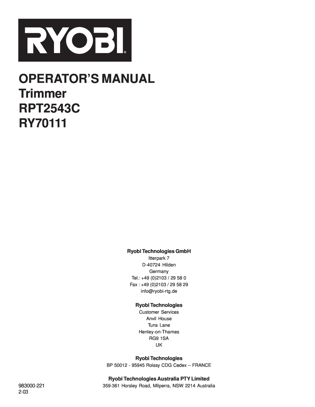 Ryobi Outdoor RPT2543C, RY7011 manual Ryobi Technologies GmbH, OPERATOR’S MANUAL Trimmer RPT2543C RY70111 
