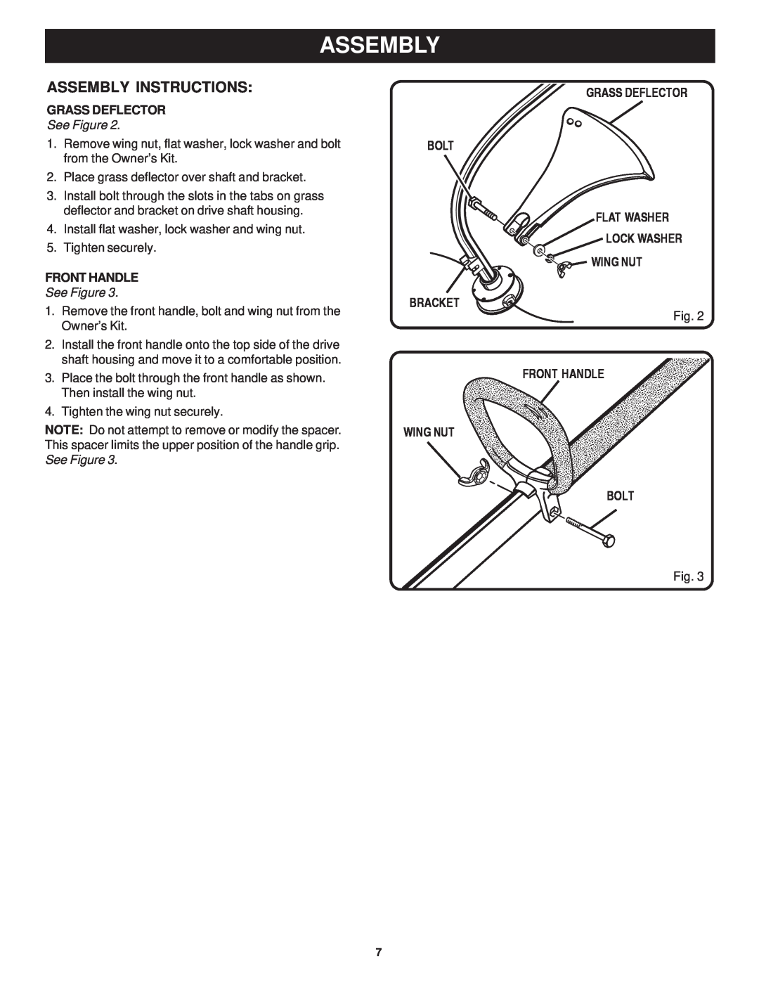 Ryobi Outdoor RPT2543C, RY7011 Assembly Instructions, Grass Deflector, See Figure, Front Handle, Wing Nut Bracket 