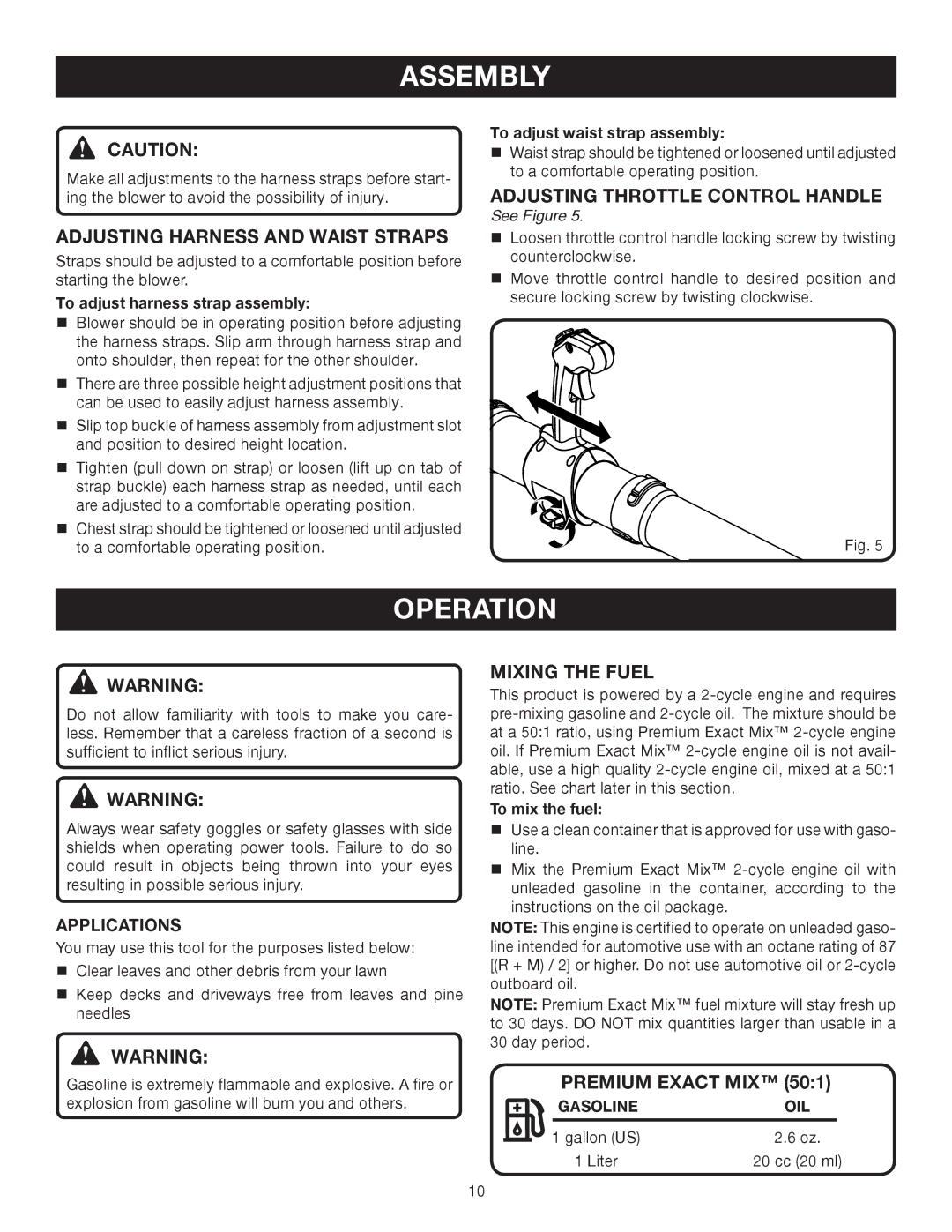 Ryobi Outdoor RY08570 Operation, Adjusting Harness and Waist Straps, Adjusting Throttle Control Handle, Mixing the Fuel 