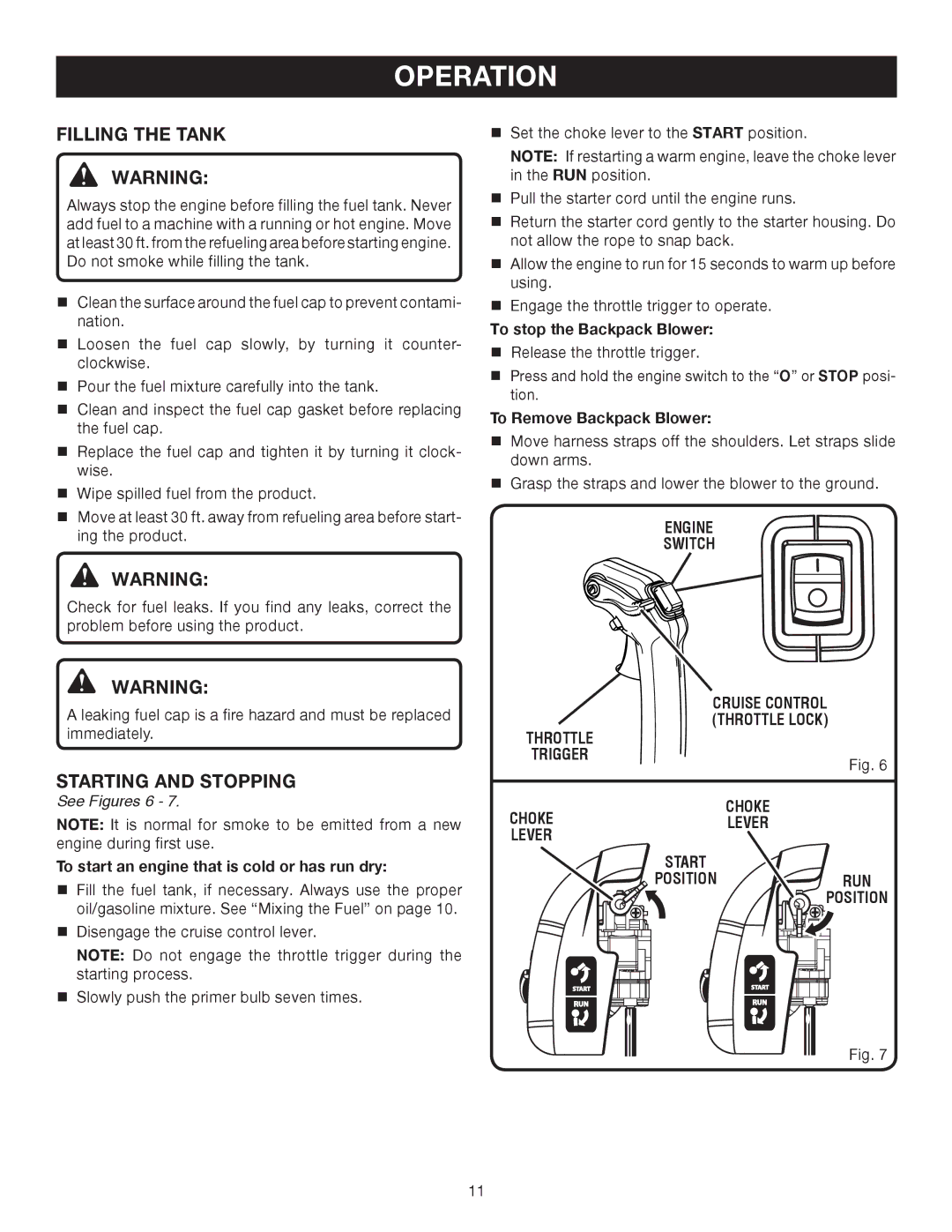 Ryobi Outdoor RY08570 manual Filling the Tank, Starting and Stopping, Engine Switch, Choke Chokelever Lever 