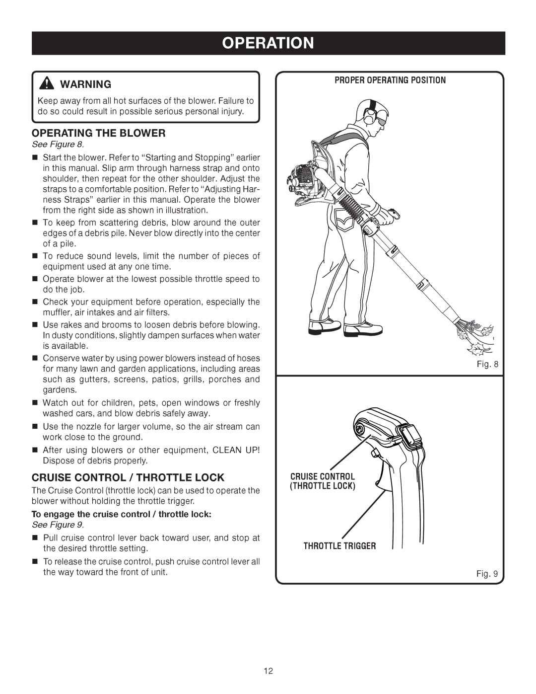 Ryobi Outdoor RY08570 Operating the Blower, To engage the cruise control / throttle lock See Figure, Throttle Trigger 