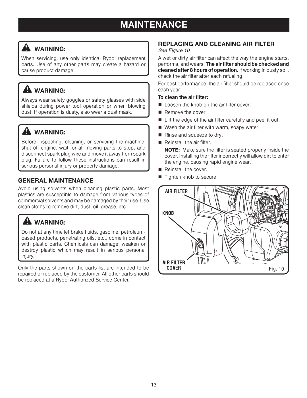 Ryobi Outdoor RY08570 General Maintenance, Replacing and Cleaning AIR Filter, To clean the air filter, AIR Filter Knob 