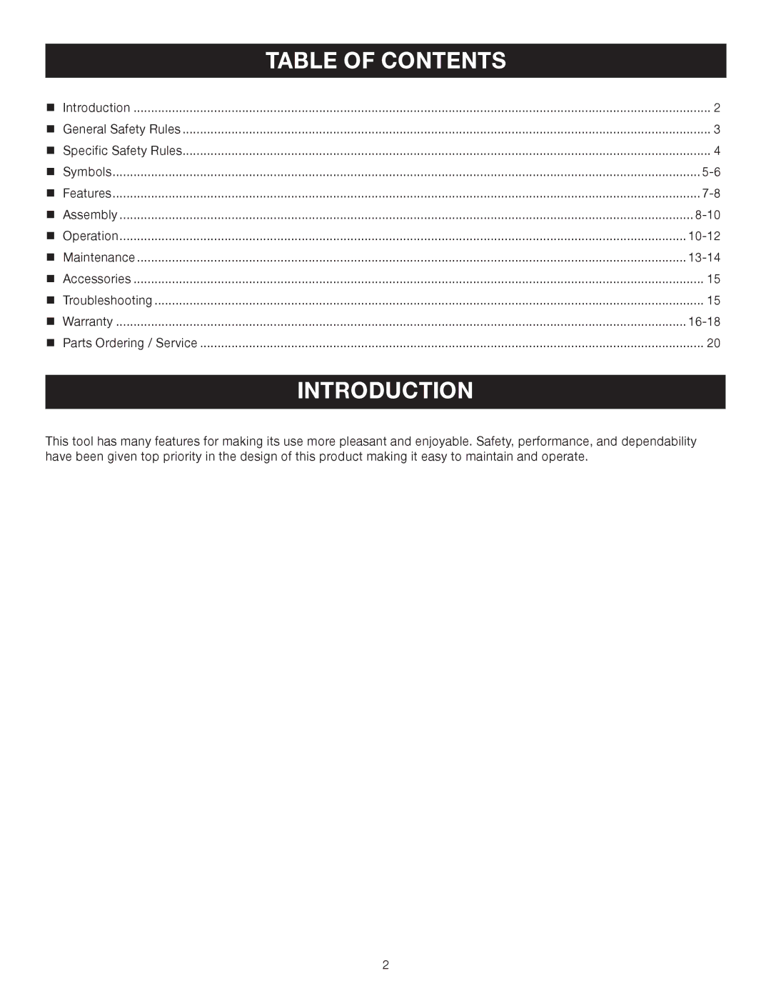 Ryobi Outdoor RY08570 manual Introduction, Table of Contents 