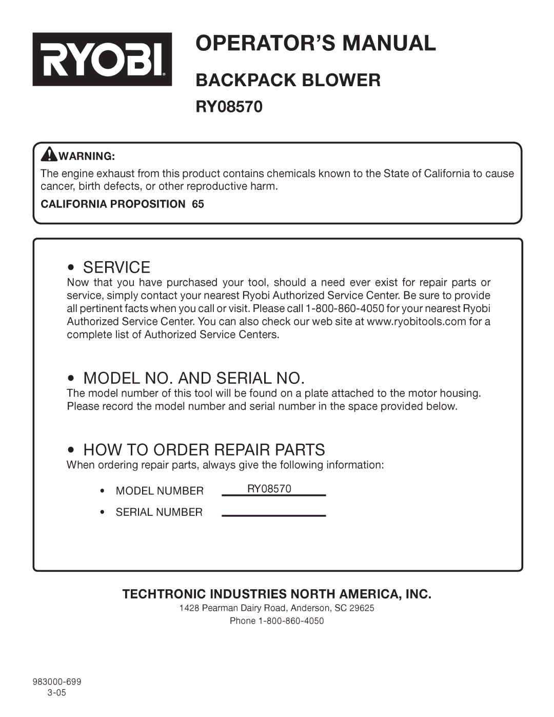 Ryobi Outdoor RY08570 manual Service Model NO. and Serial no, California Proposition 