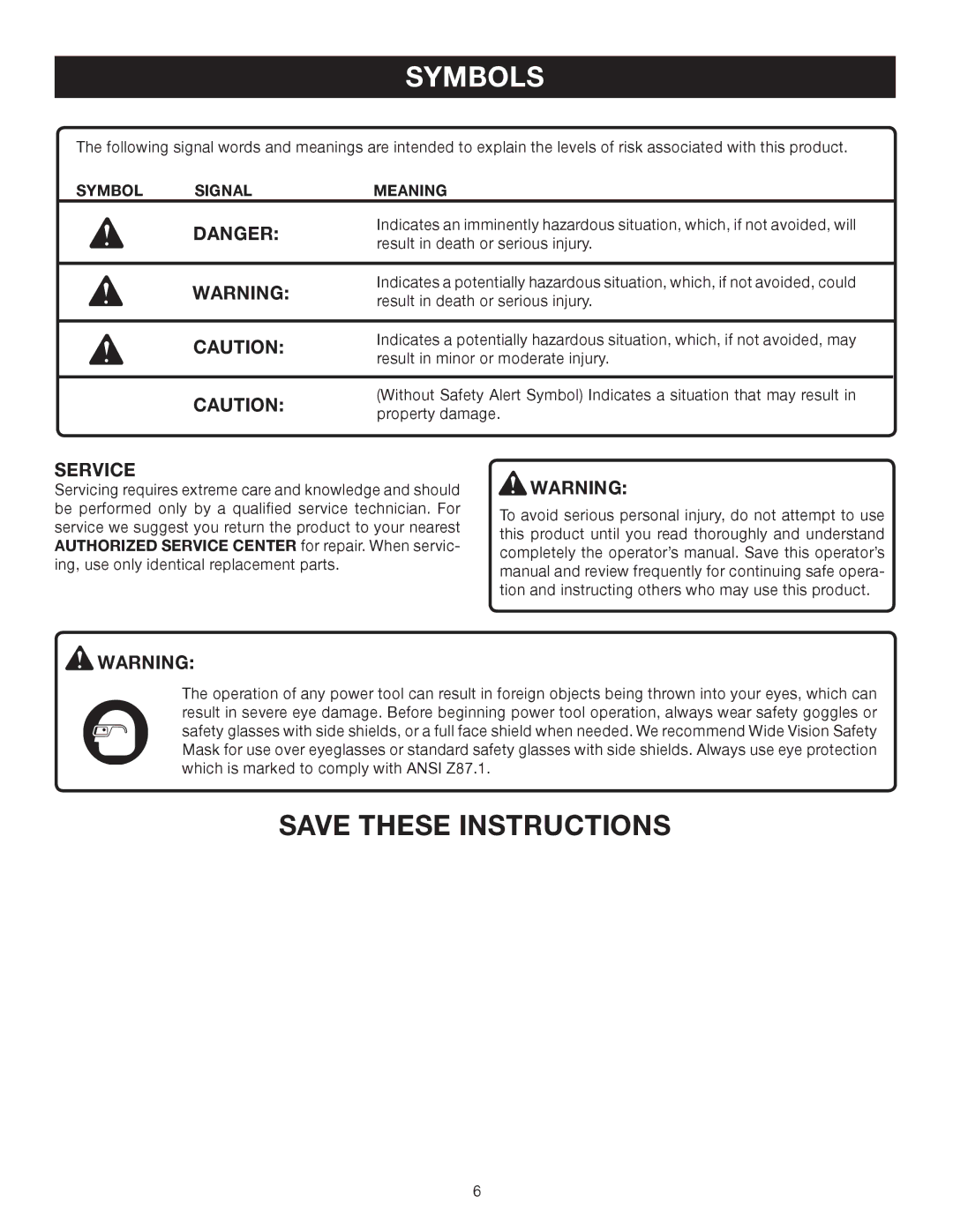 Ryobi Outdoor RY08570 manual Service, Symbol Signal Meaning 