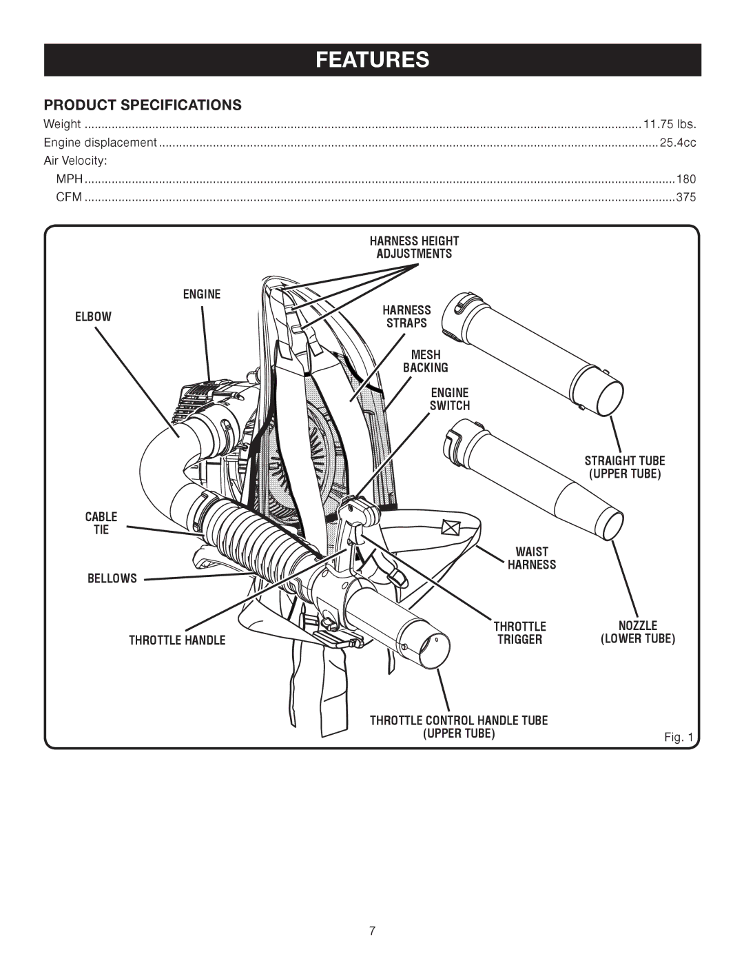 Ryobi Outdoor RY08570 manual Product Specifications, Harness Height, Adjustments, Waist Harness Bellows, Throttle Handle 