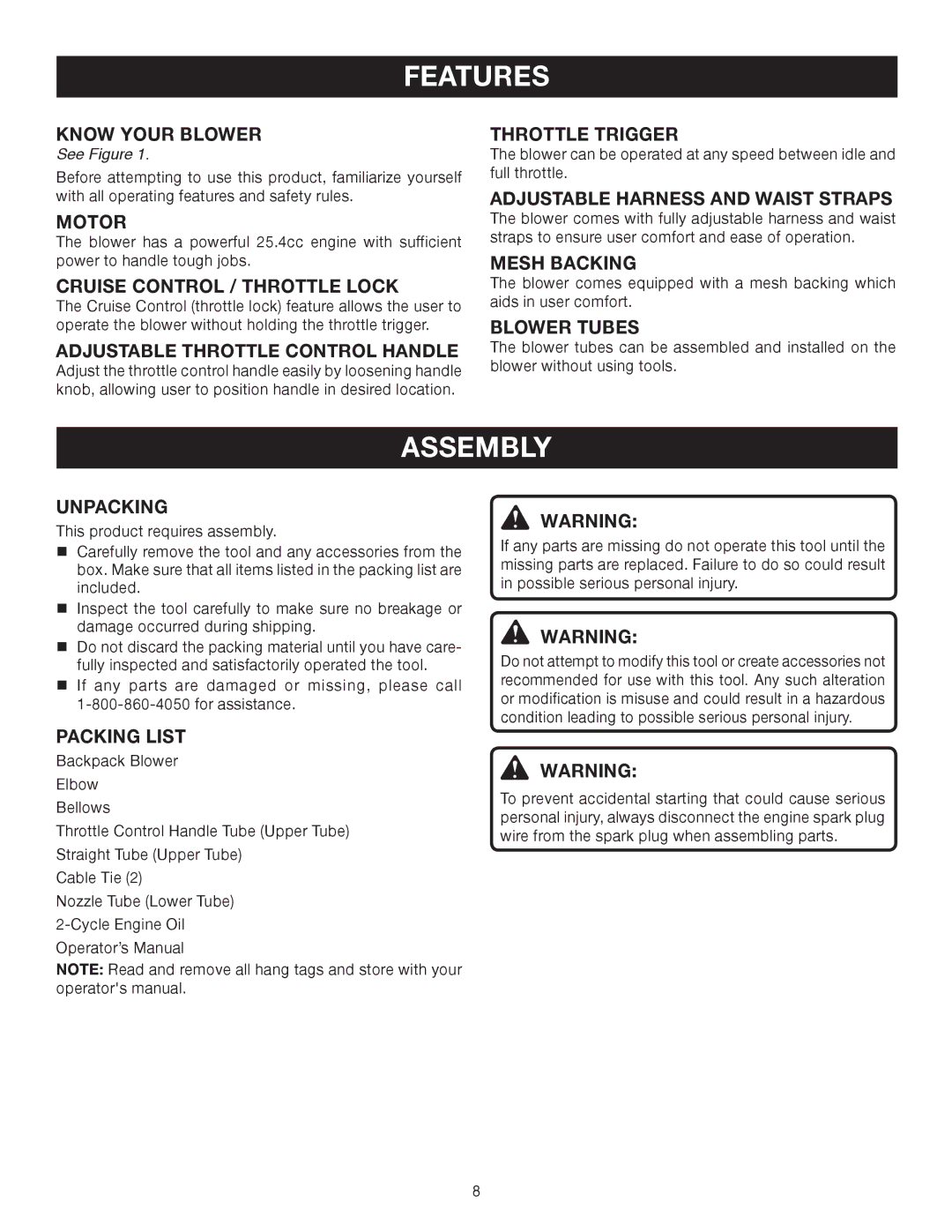 Ryobi Outdoor RY08570 manual Features, Assembly 