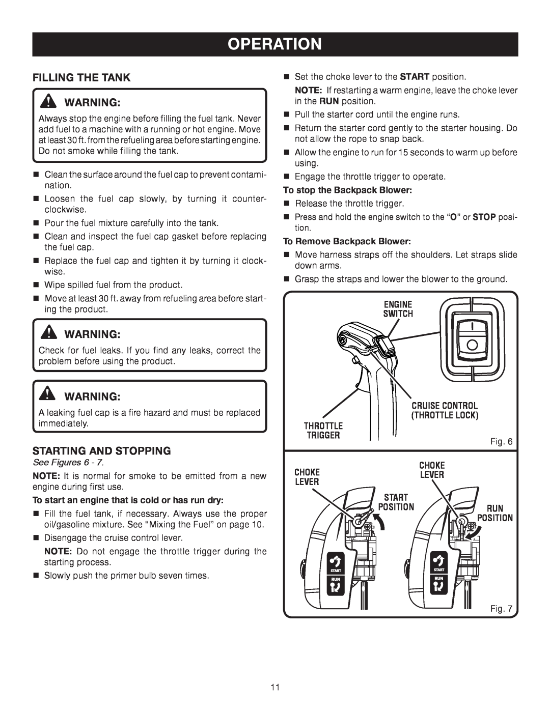 Ryobi Outdoor RY08570 Operation, See Figures, To start an engine that is cold or has run dry, To stop the Backpack Blower 