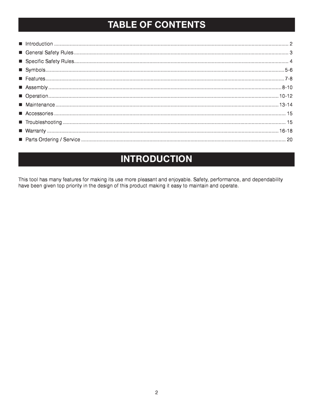 Ryobi Outdoor RY08570 manual Introduction, Table Of Contents 