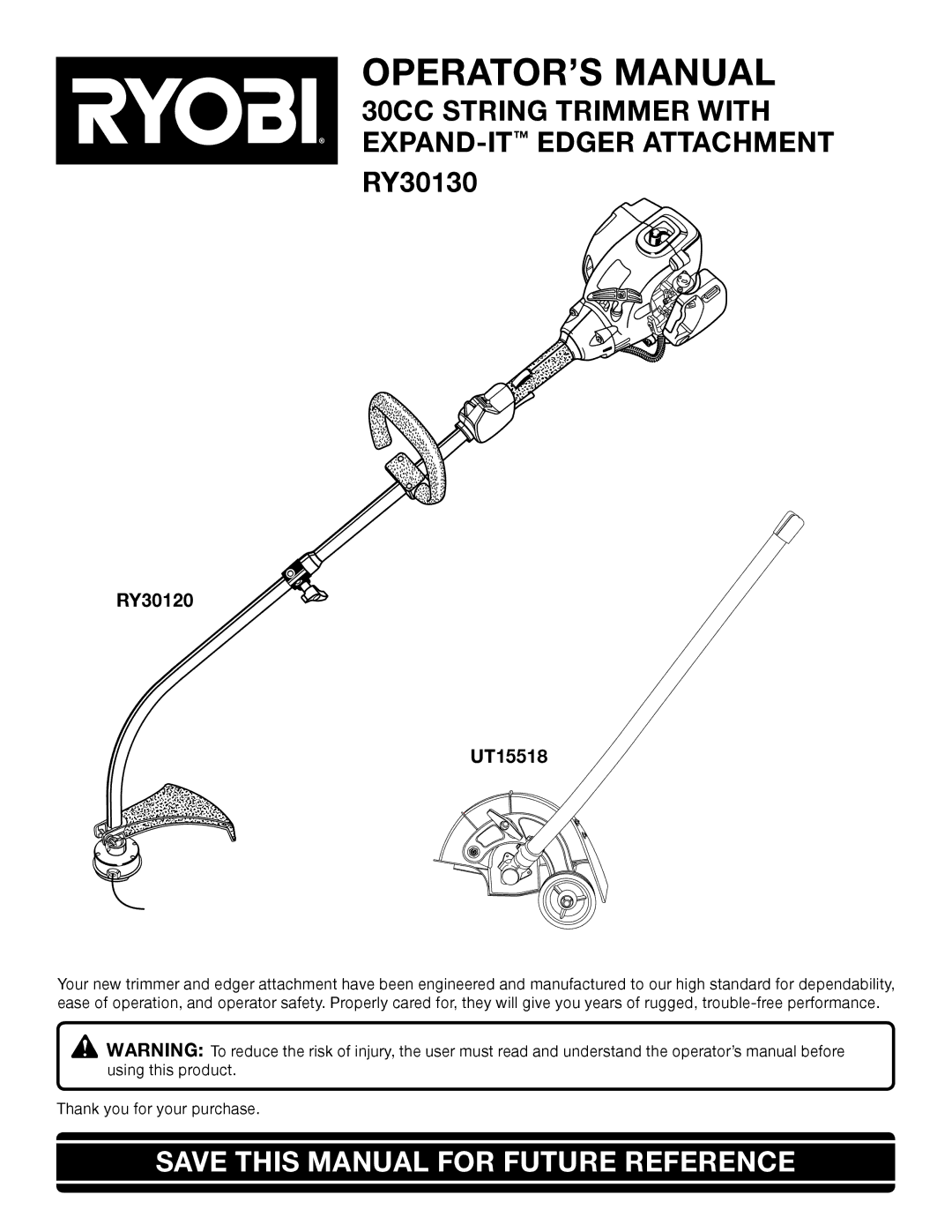 Ryobi Outdoor RY30130, RY30120 manual OPERATOR’S Manual, Save this Manual for Future Reference 