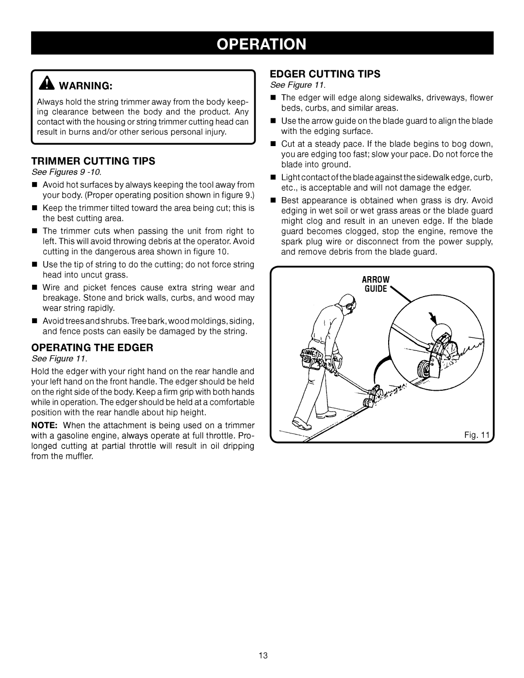 Ryobi Outdoor RY30130, RY30120 Trimmer Cutting Tips, Operating the Edger, Edger Cutting Tips, See Figures 9, Arrow Guide 