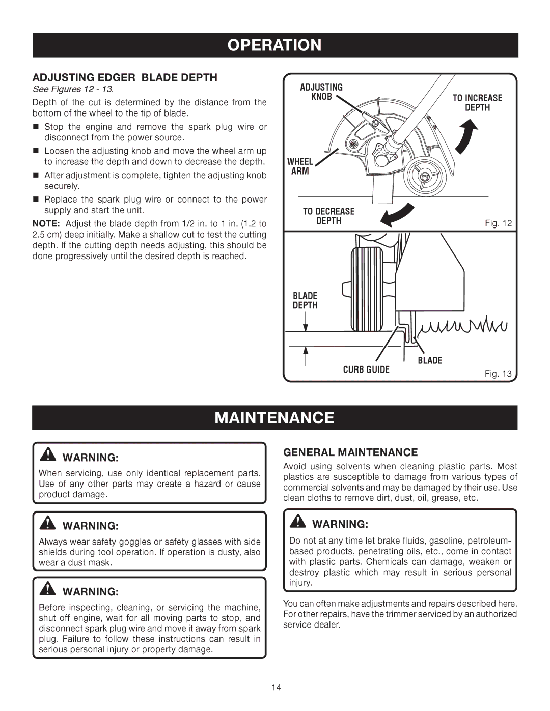 Ryobi Outdoor RY30120, RY30130 manual Adjusting Edger Blade Depth, General Maintenance, See Figures 12 