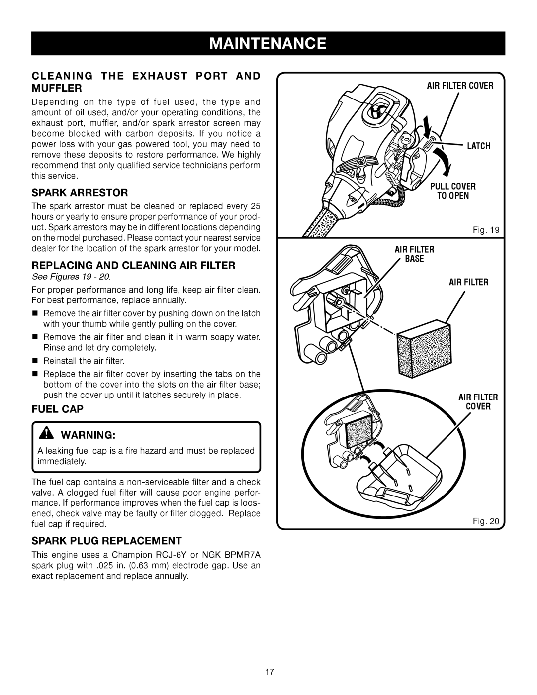 Ryobi Outdoor RY30130 Cleaning the Exhaust Port and Muffler, Spark Arrestor, Replacing and Cleaning AIR Filter, Fuel CAP 