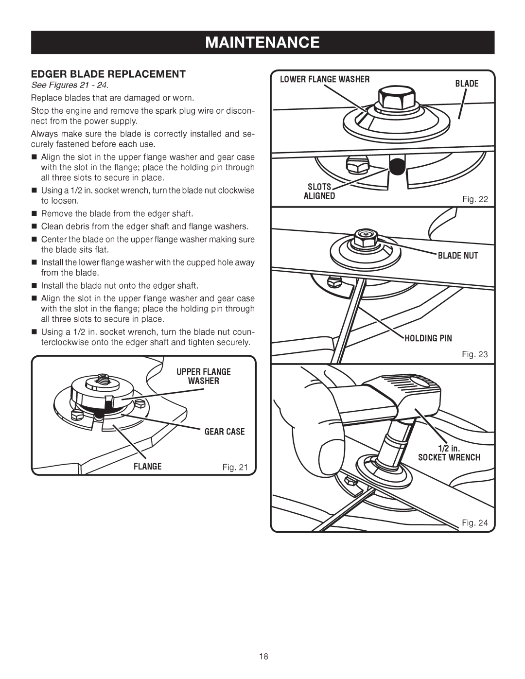 Ryobi Outdoor RY30120, RY30130 Edger Blade Replacement, See Figures 21, Upper Flange Washer Gear Case Lower Flange Washer 