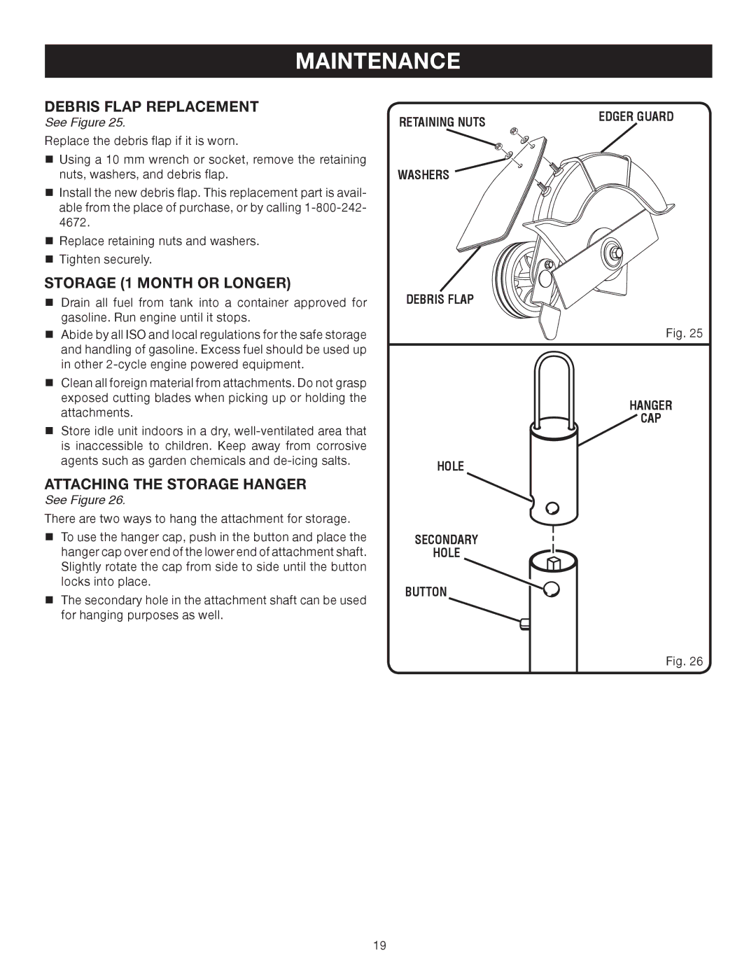 Ryobi Outdoor RY30130, RY30120 manual Debris Flap Replacement, Storage 1 Month or Longer, Attaching the Storage Hanger 