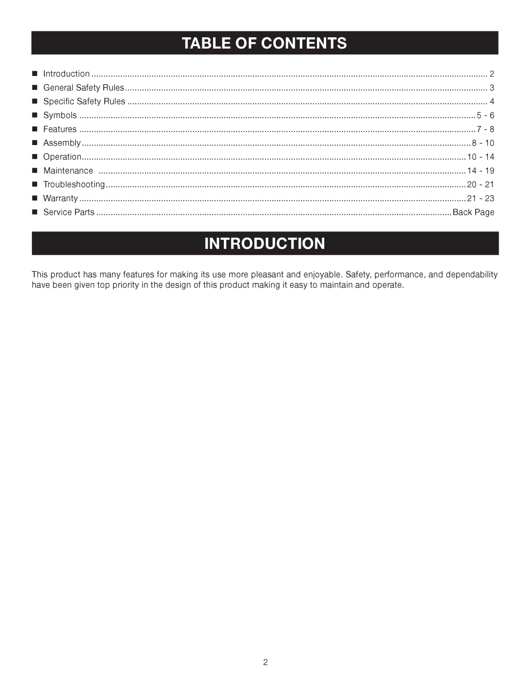 Ryobi Outdoor RY30120, RY30130 manual Introduction, Table of Contents 