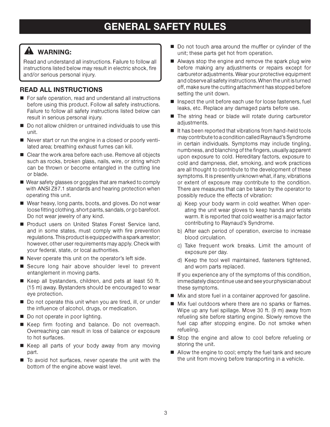 Ryobi Outdoor RY30130, RY30120 manual General Safety Rules, Read ALL Instructions 