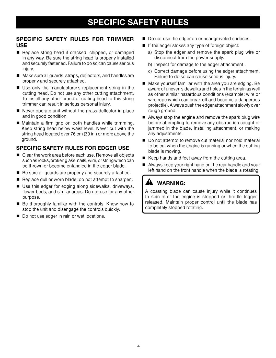 Ryobi Outdoor RY30120, RY30130 manual Specific Safety Rules for Trimmer USE, Specific Safety Rules for Edger USE 