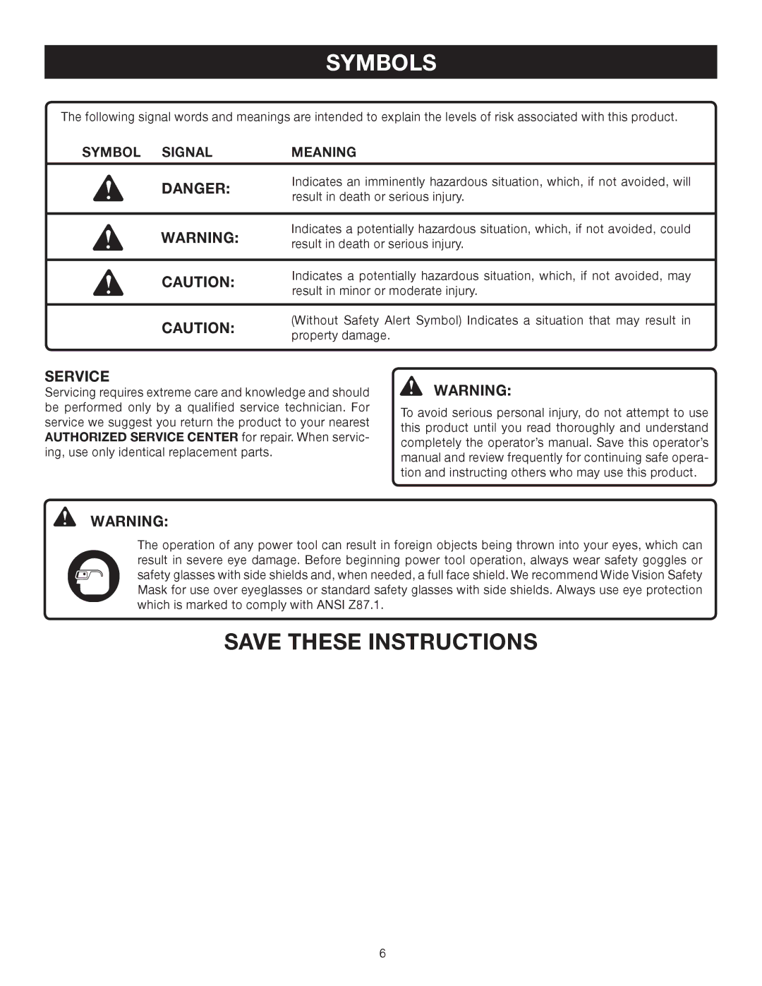 Ryobi Outdoor RY30120, RY30130 manual Service, Symbol Signal Meaning 