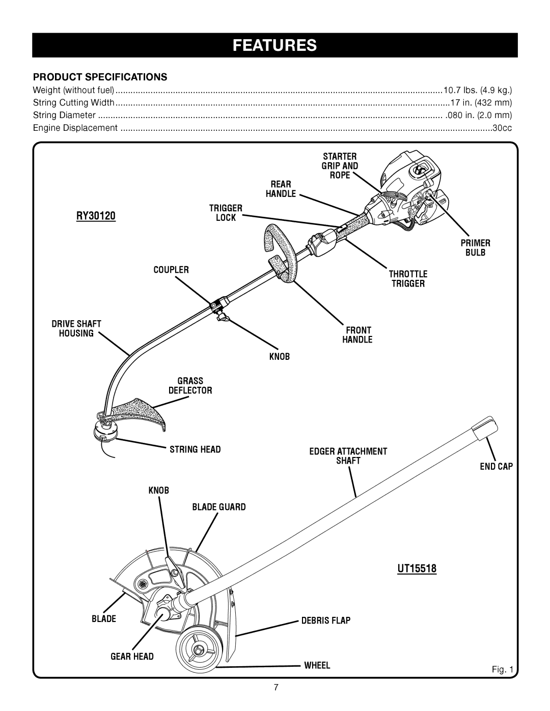 Ryobi Outdoor RY30130, RY30120 manual Starter Grip Rope Rear Handle, Coupler, Knob Blade Guard Primer Bulb END CAP 