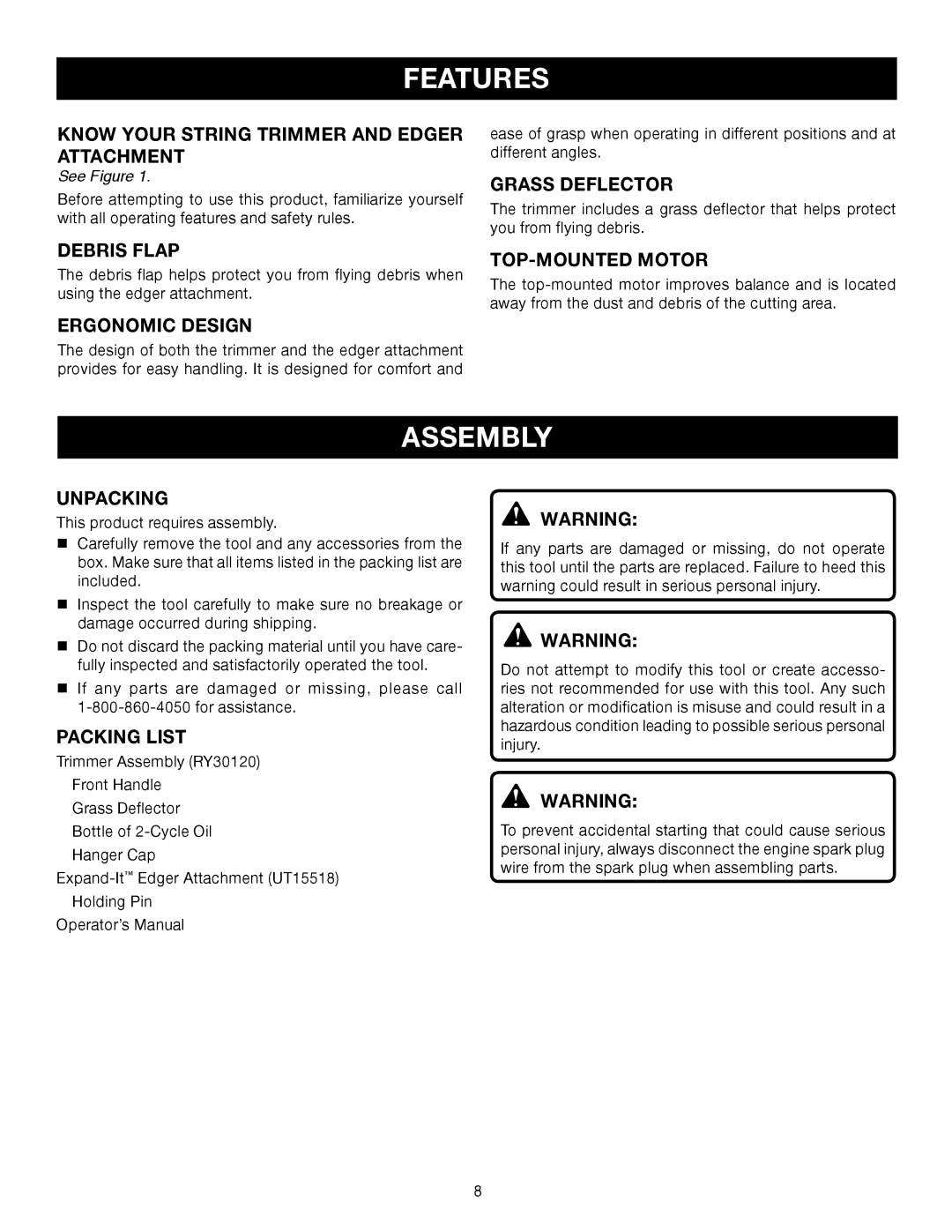 Ryobi Outdoor RY30120, RY30130 manual Features, Assembly 