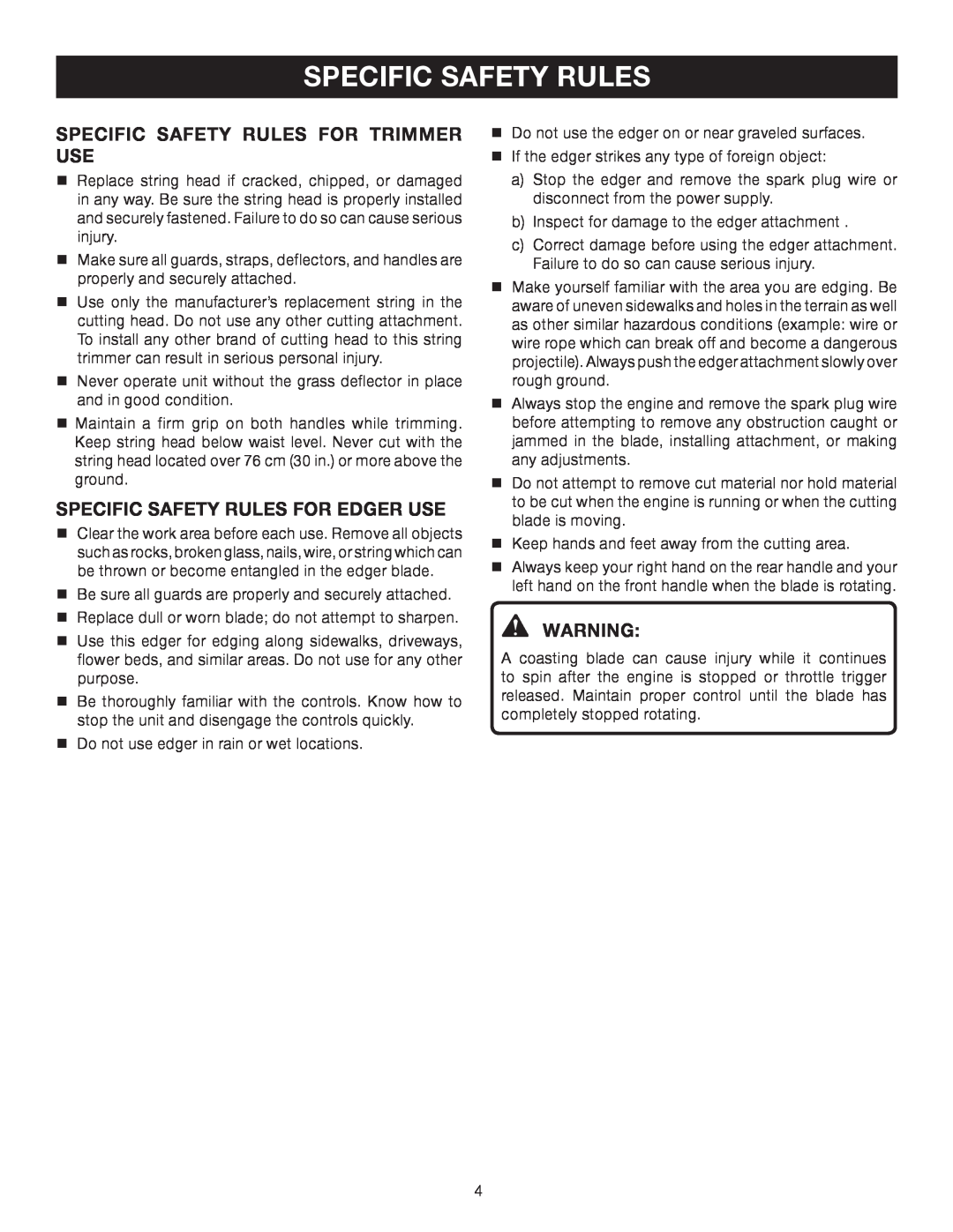 Ryobi Outdoor RY30120, RY30130 manual Specific Safety Rules For Trimmer Use, Specific Safety Rules For Edger Use 