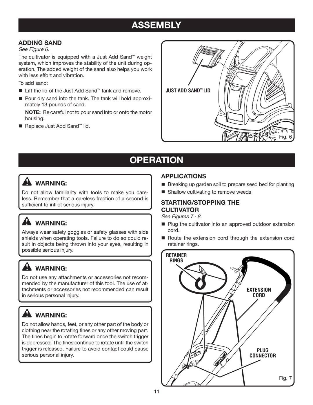 Ryobi Outdoor RY46501A manual Operation, Adding Sand, Applications, STARTING/STOPPING Cultivator, See Figures 7 