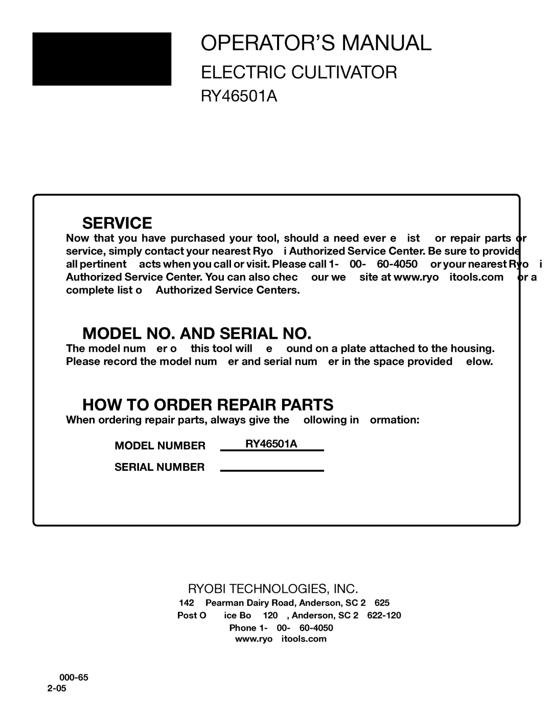 Ryobi Outdoor RY46501A manual Service Model NO. and Serial no 