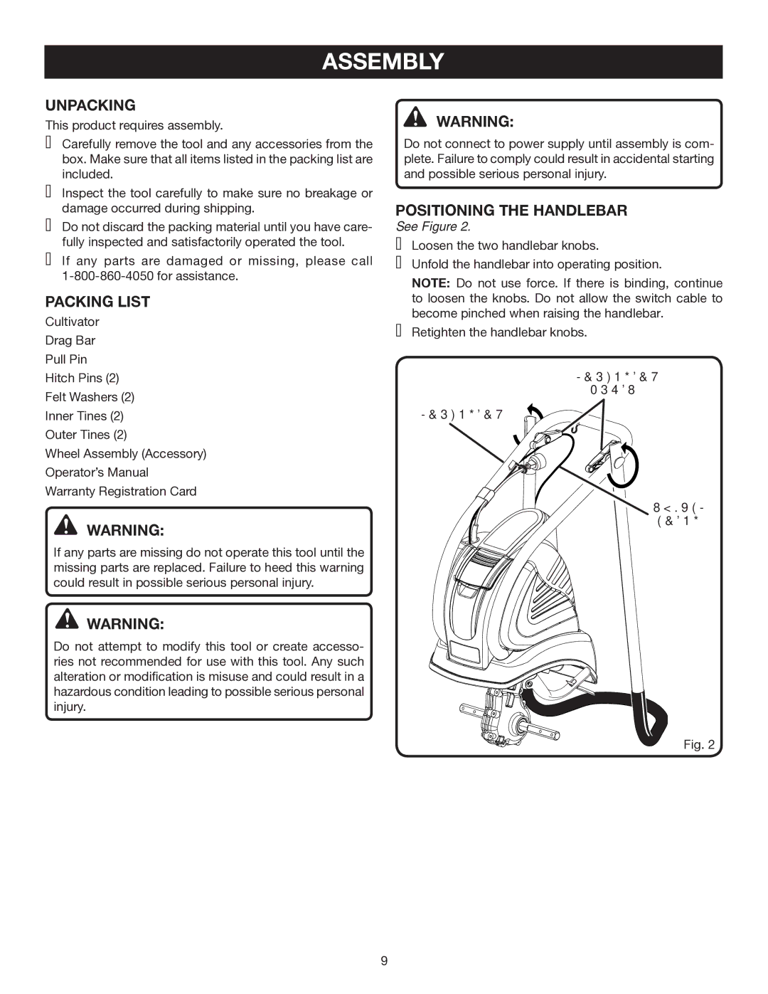 Ryobi Outdoor RY46501A manual Assembly, Unpacking, Packing List, Positioning the Handlebar 