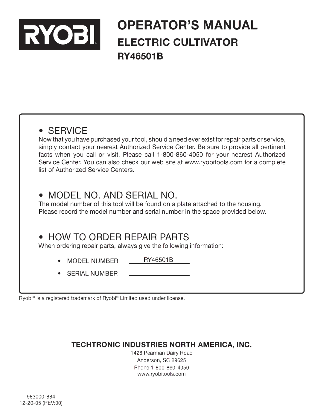 Ryobi Outdoor RY46501B manual Service Model NO. and Serial no 